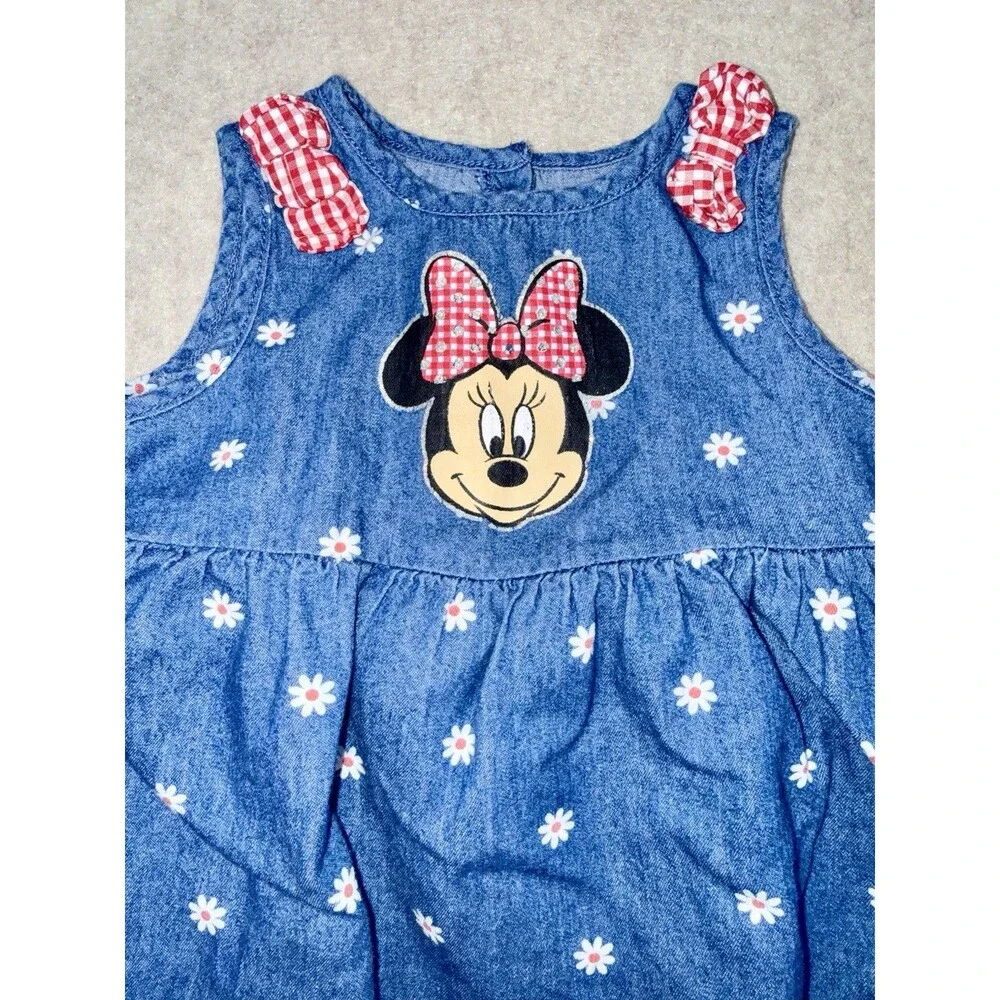 Disney Girls Minnie Mouse  6-9 Month Denim Romper Snaps 100% Cotton